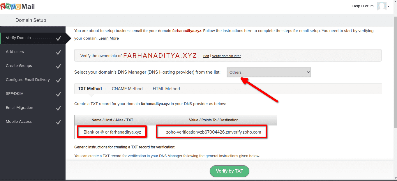 Cara verifikasi domain di Zoho